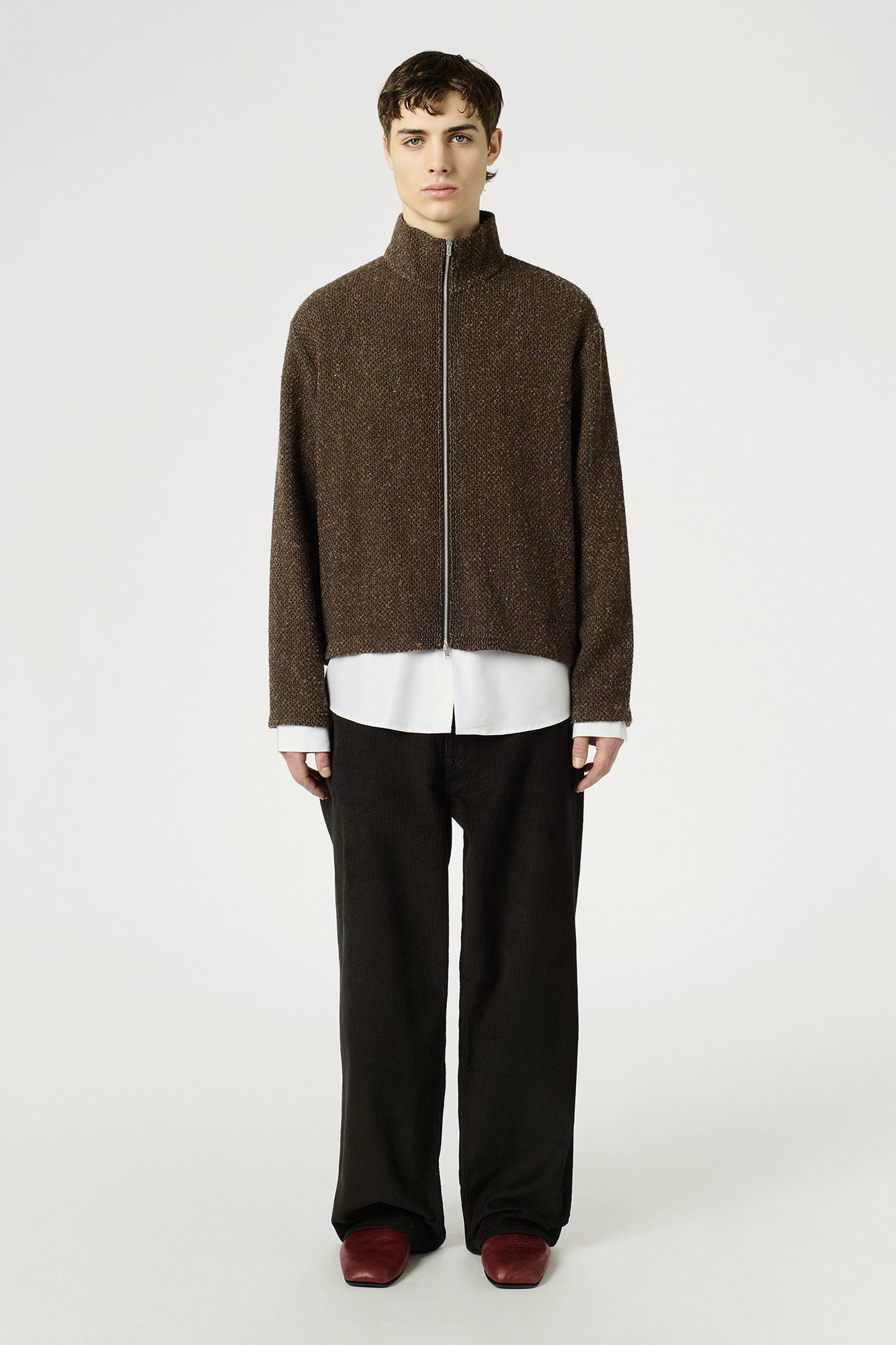 SHRUNKEN FULLZIP POLO Brown Sparse Buckle Weave
