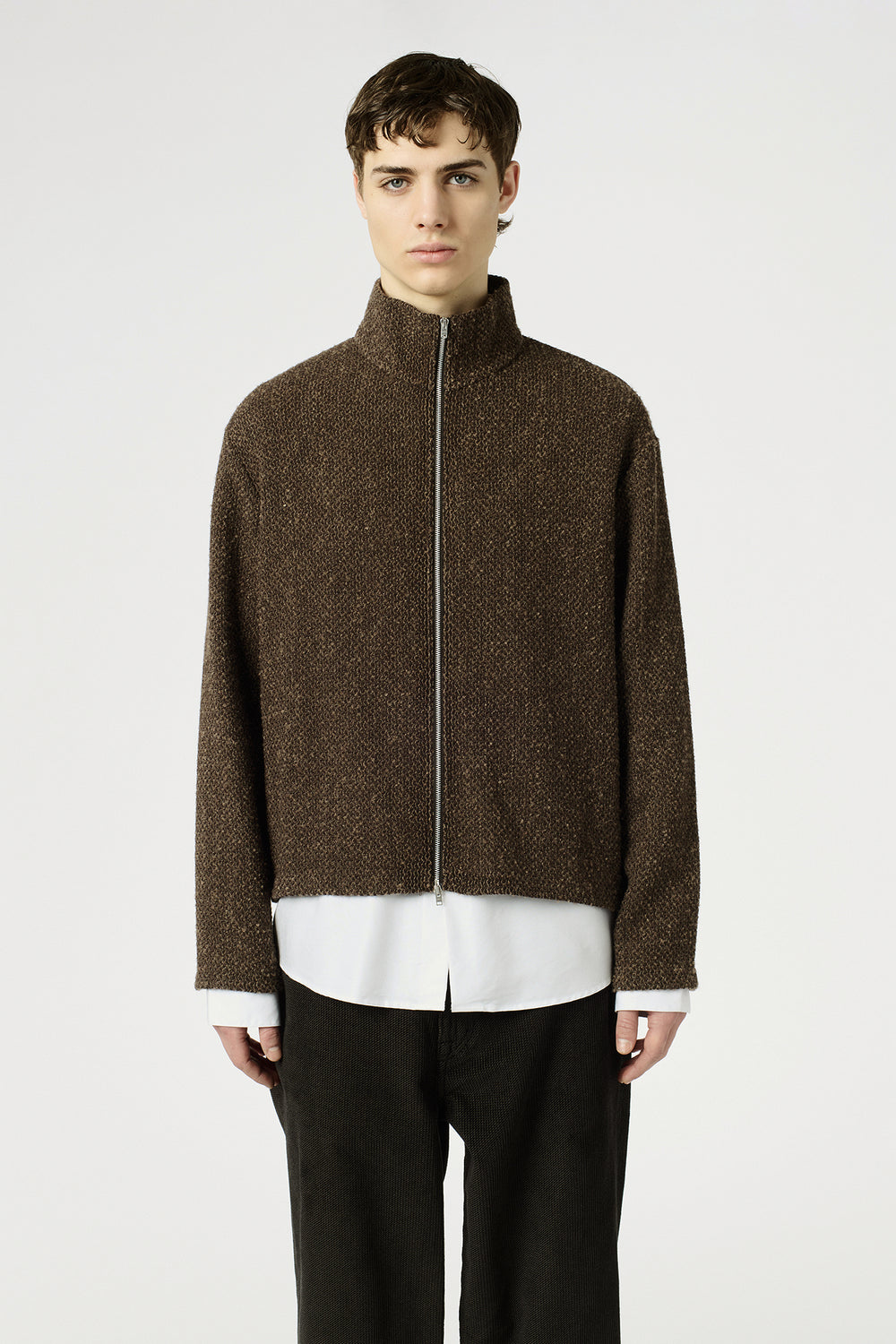 SHRUNKEN FULLZIP POLO Brown Sparse Buckle Weave