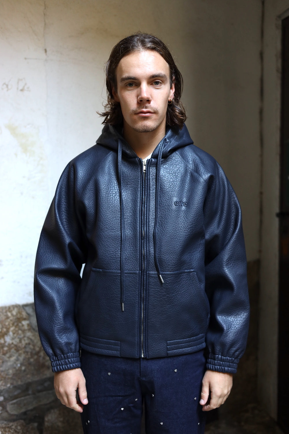 ARTE LEATHER HOODED JACKET NAVY