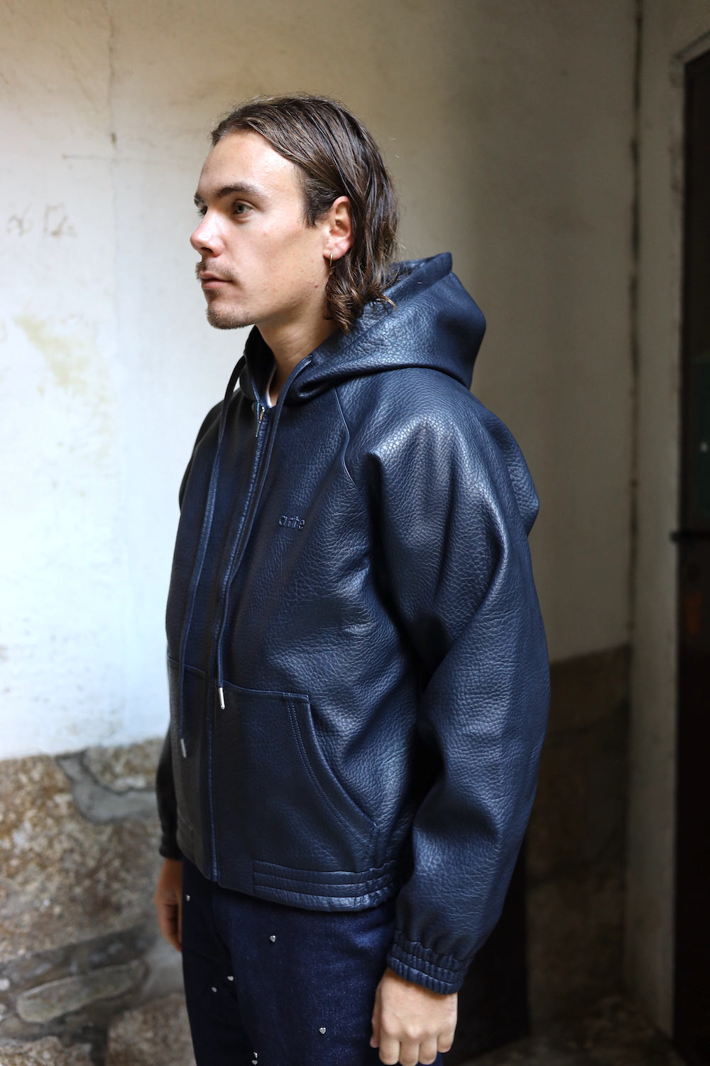 ARTE LEATHER HOODED JACKET NAVY