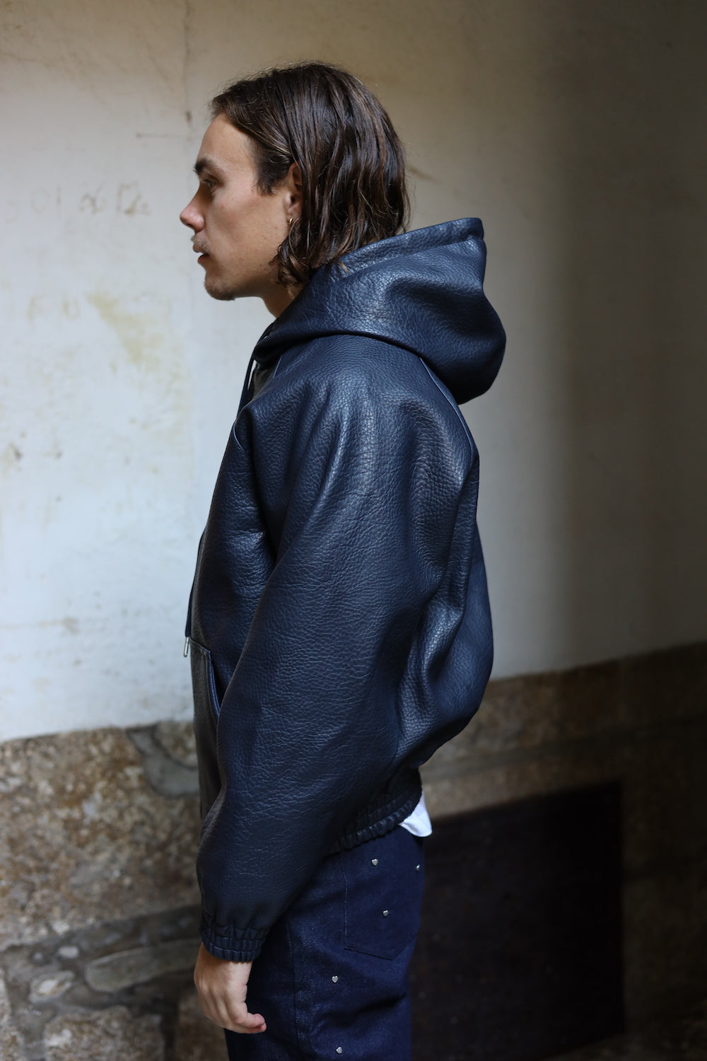 ARTE LEATHER HOODED JACKET NAVY