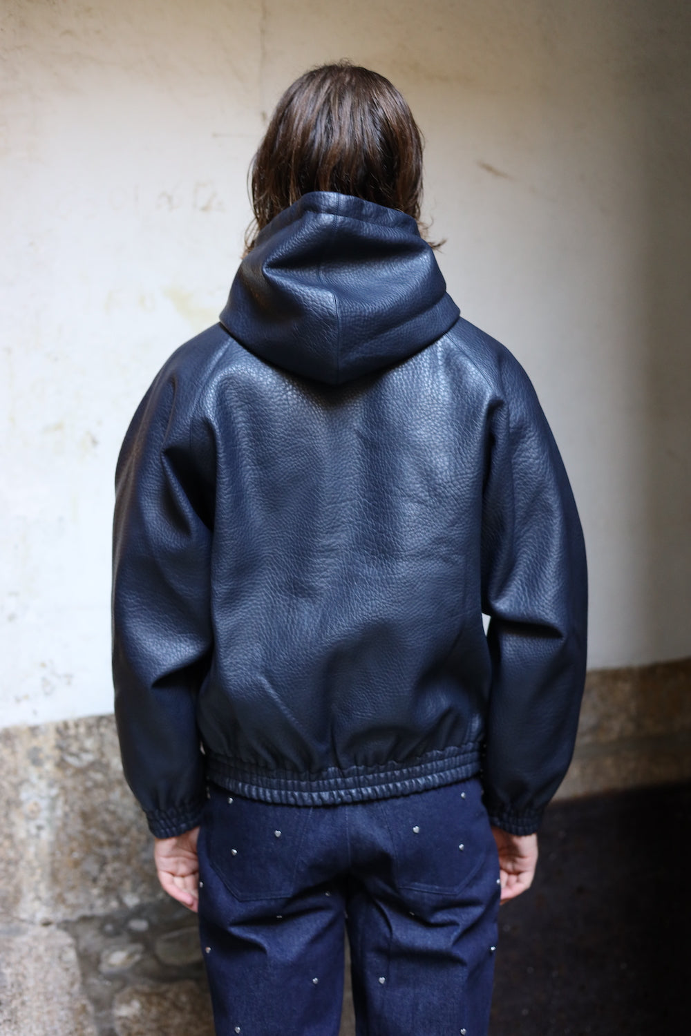 ARTE LEATHER HOODED JACKET NAVY