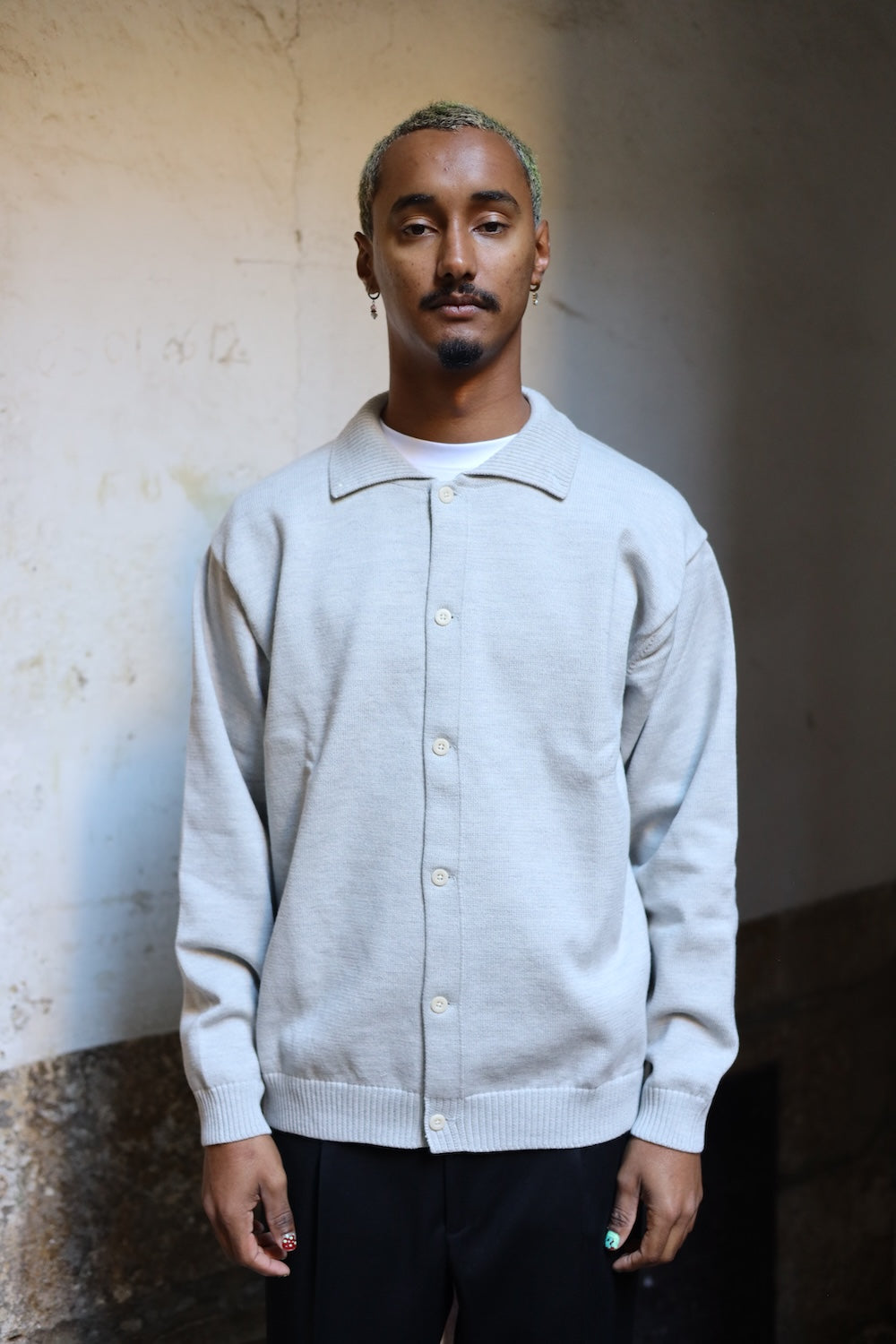 Still by hand 10G polo cardigan light grey