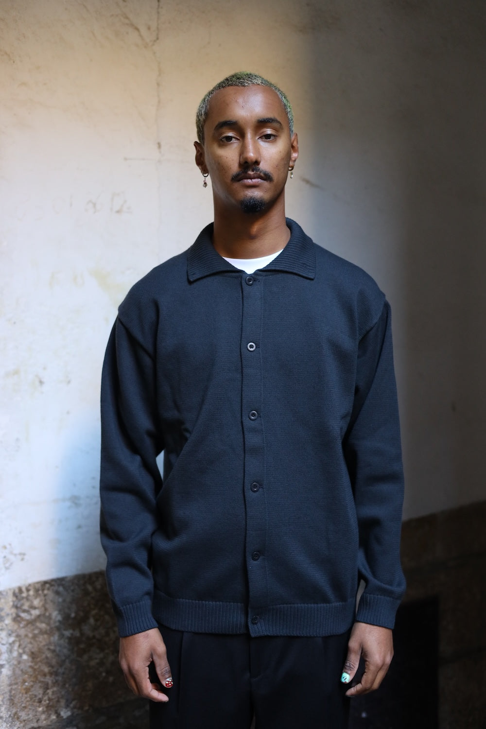 Still by hand 10G polo cardigan blue charcoal