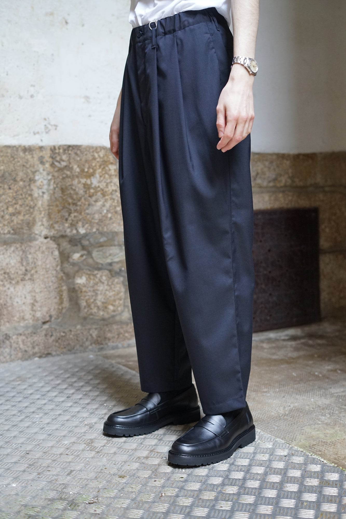 STILL BY HAND SUMMER WOOL WIDE PANTS BLACK NAVY