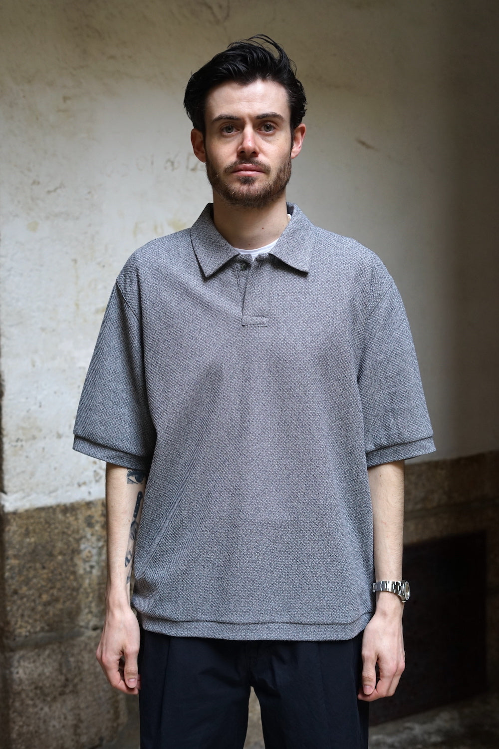 STILL BY HAND MOSS STITCH POLO MELANGE GREY