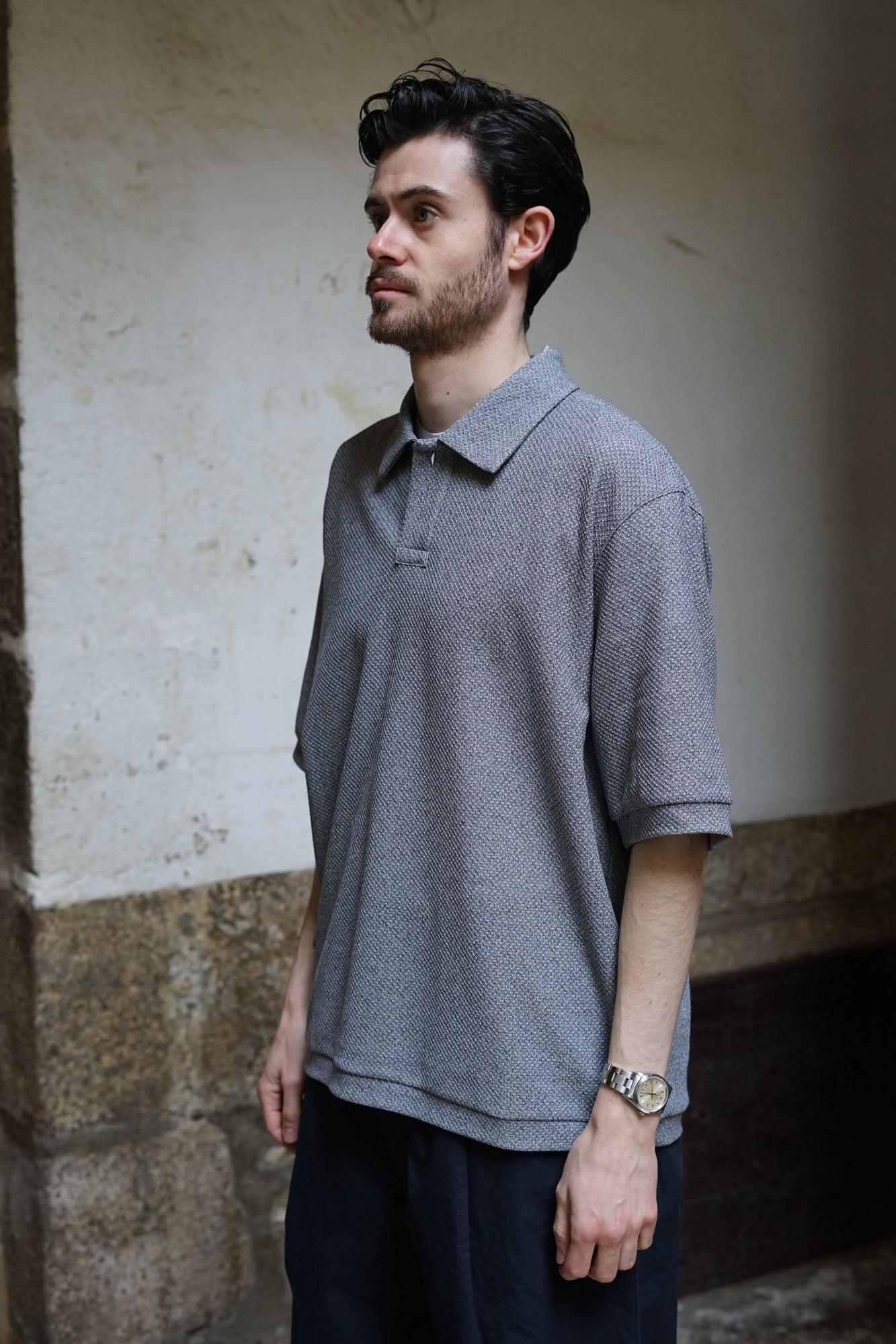 STILL BY HAND MOSS STITCH POLO MELANGE GREY