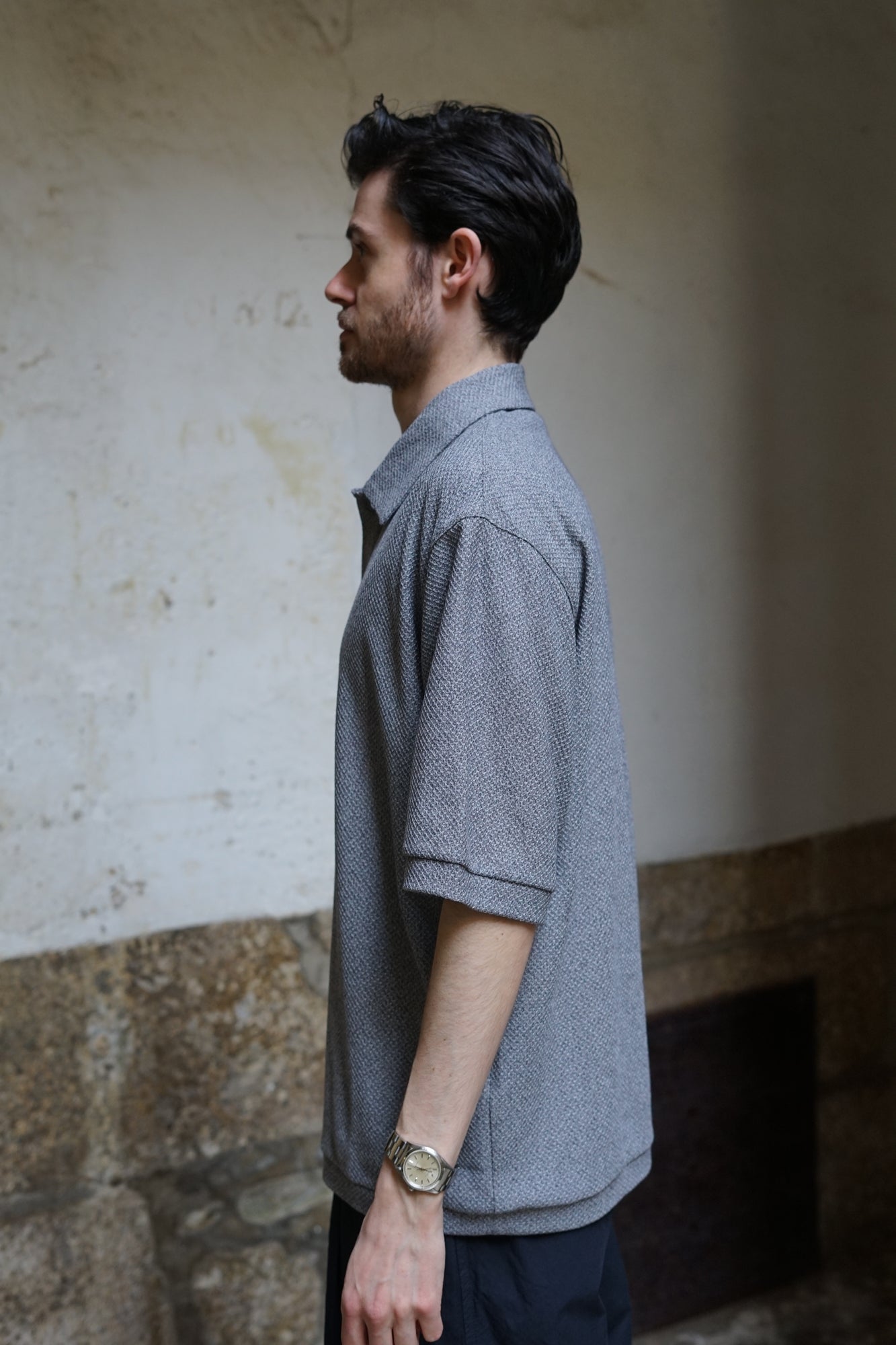 STILL BY HAND MOSS STITCH POLO MELANGE GREY