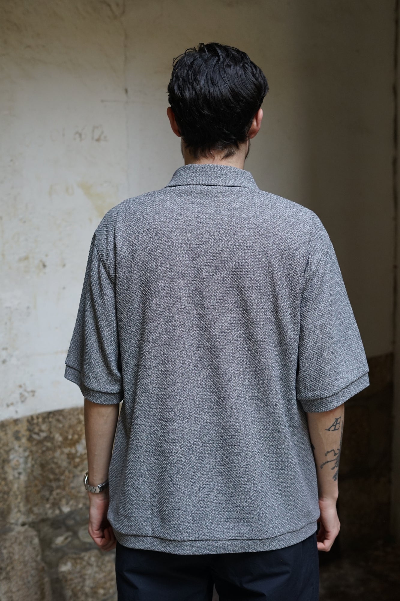 STILL BY HAND MOSS STITCH POLO MELANGE GREY