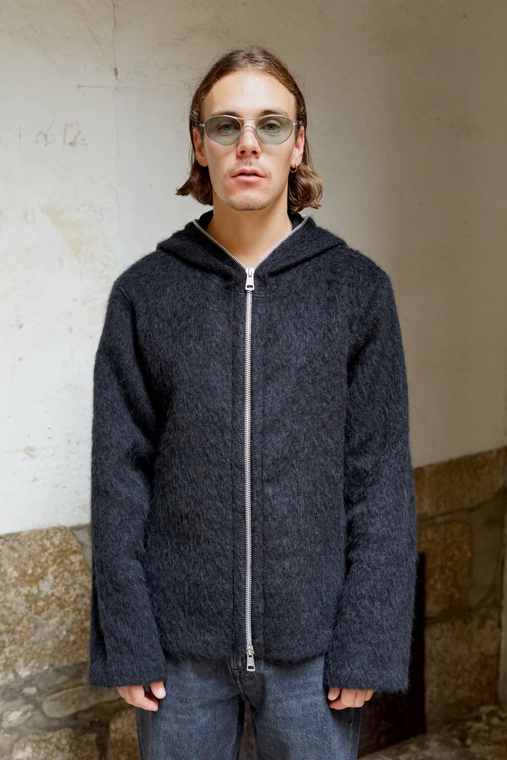 OUR LEGACY FULL ZIP HOOD BLACK HAIRY WOOL