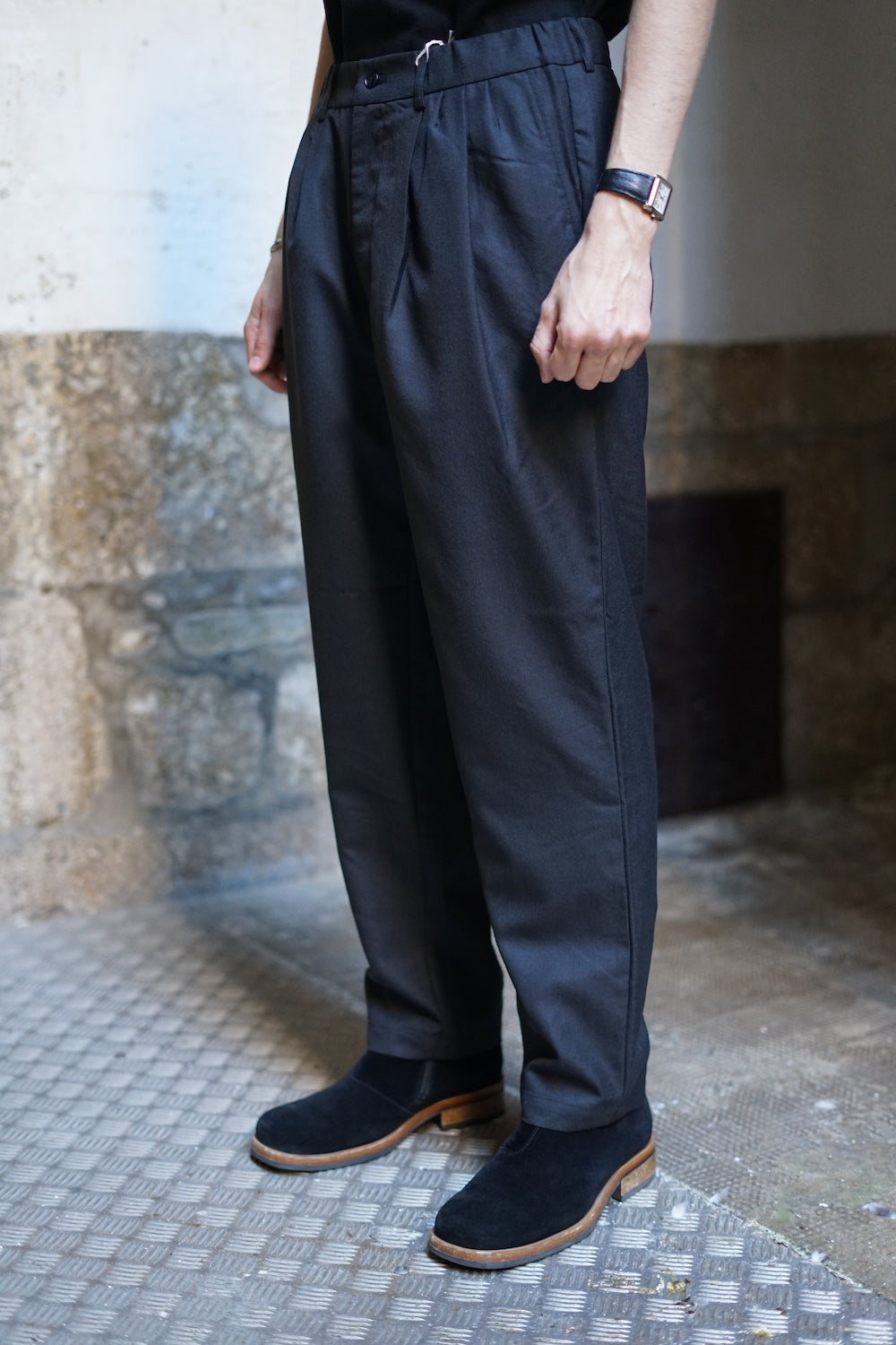 STILL BY HAND RELAXED WOOL PANTS BLACK