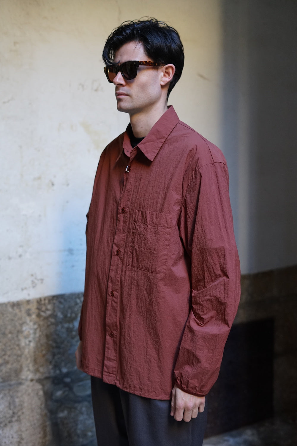 STILL BY HAND GARMENT DYE SHIRT JACKET BRICK